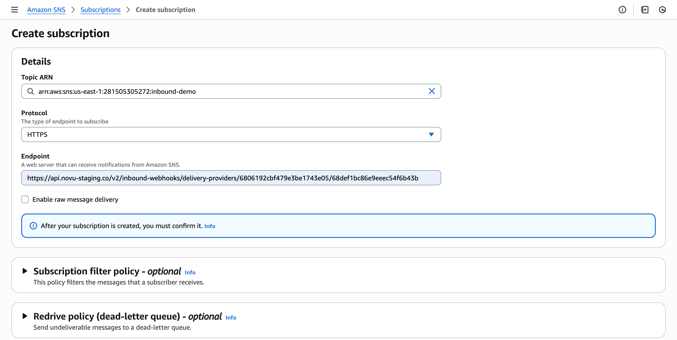 AWS SNS subscription page