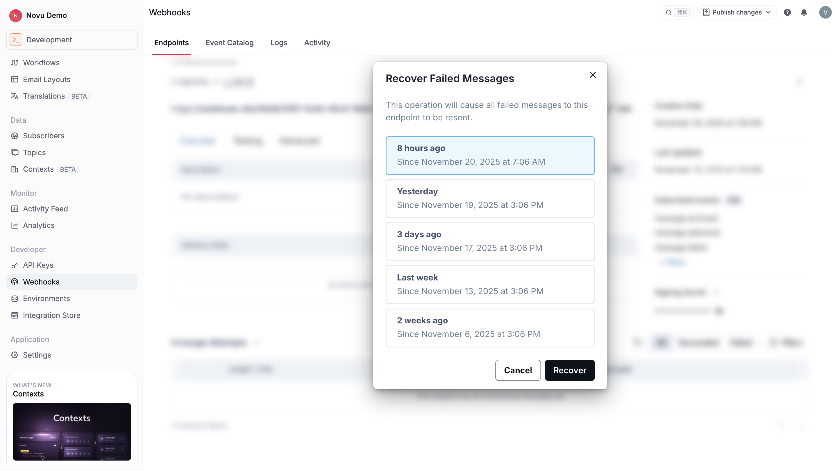 Recover all failed messages menu